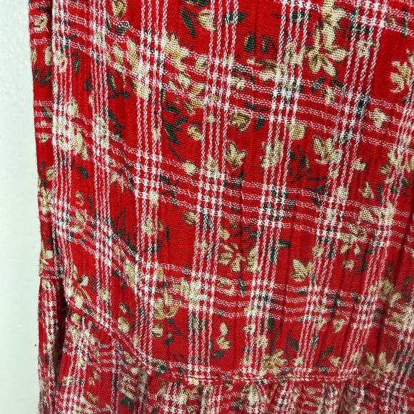 Vintage 90s Express Red Romper Jumpsuit Button Front Pockets Plaid Floral 9/10 M - Picture 5 of 8